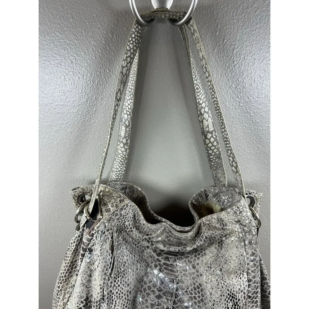 Elliott Lucca Suede Leather Shoulder Bag Gray Cream Snakeskin Large Hobo Purse